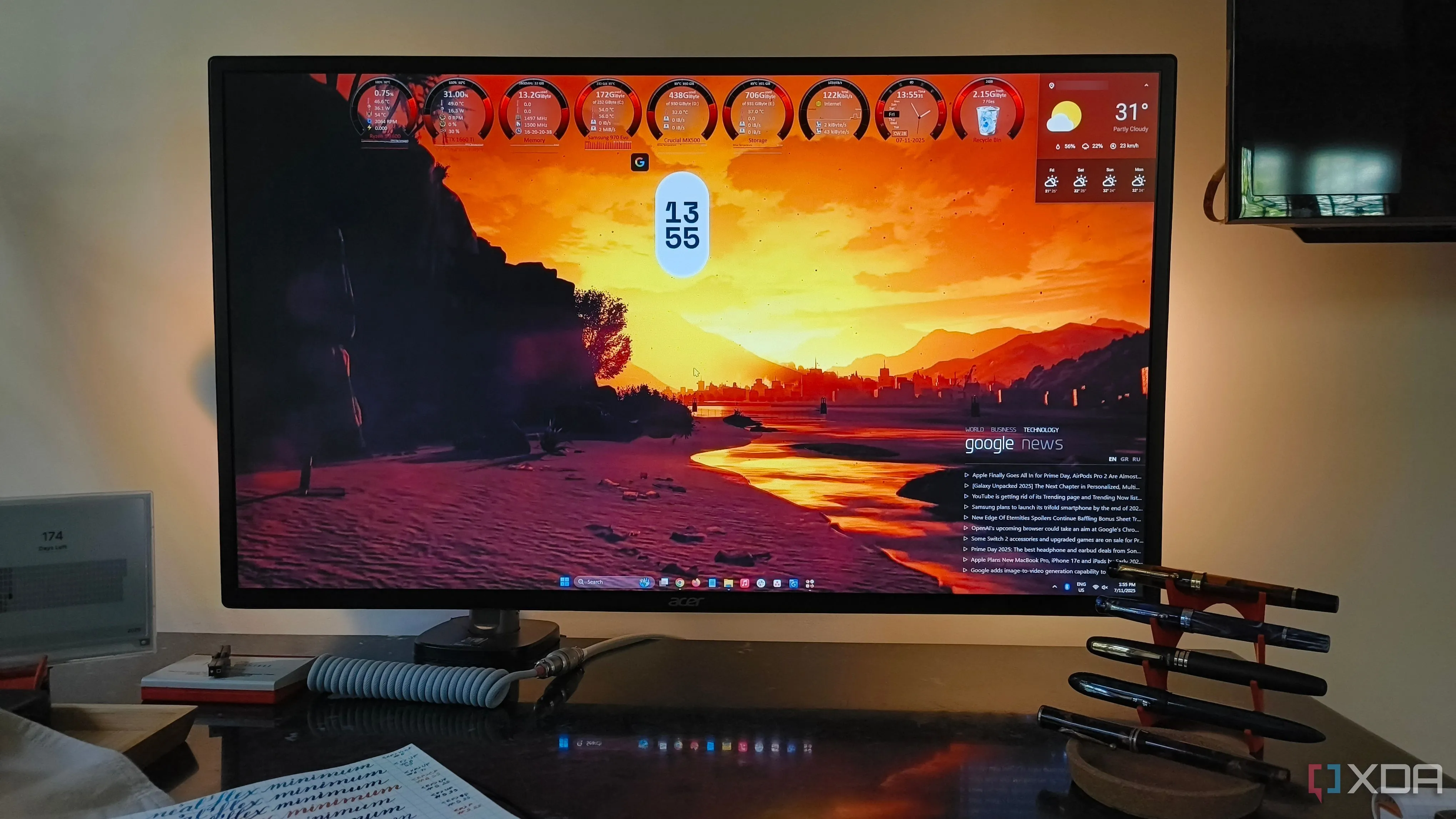 Màn hình desktop với các skin Rainmeter hiển thị thông tin hệ thống và widget cho game thủ