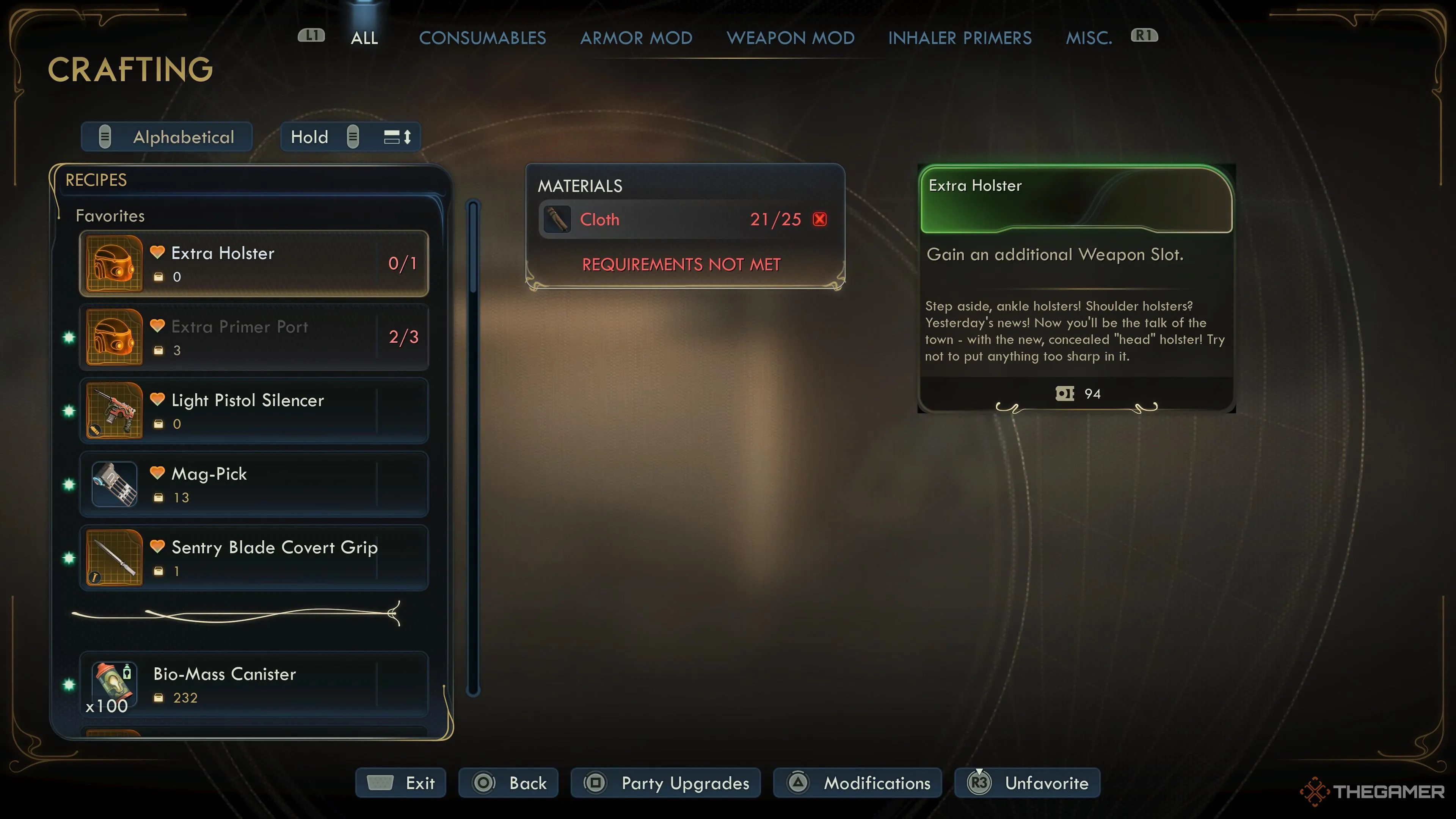 Menu chế tạo trong The Outer Worlds 2 hiển thị Sentry Blade Covert Grip và vật liệu chế tạo từ Ferrochromium, Heartless Laphoria dùng cho mods mạnh.
