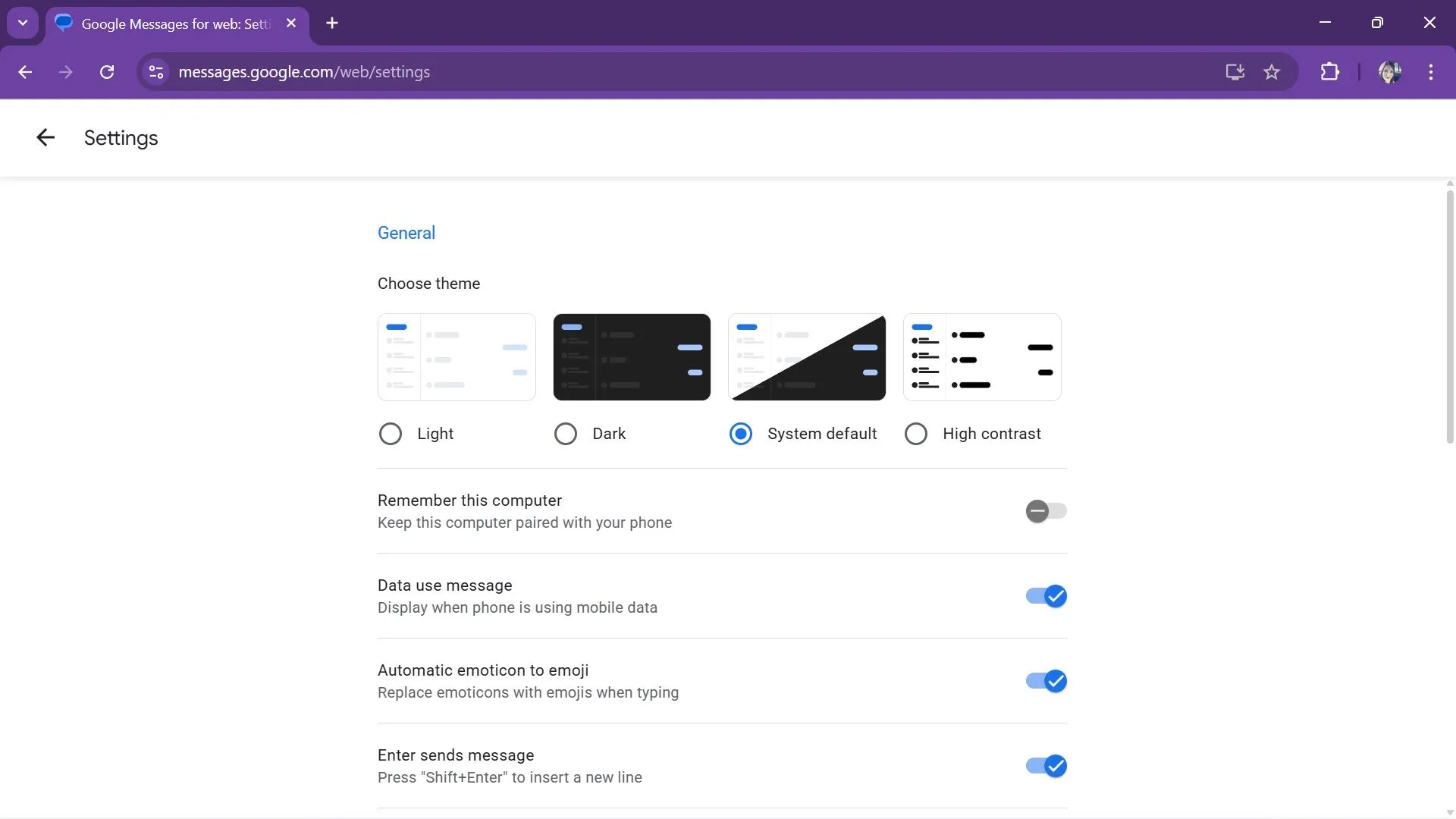 Menu Settings của Google Messages web hiển thị các tùy chọn theme và thông báo
