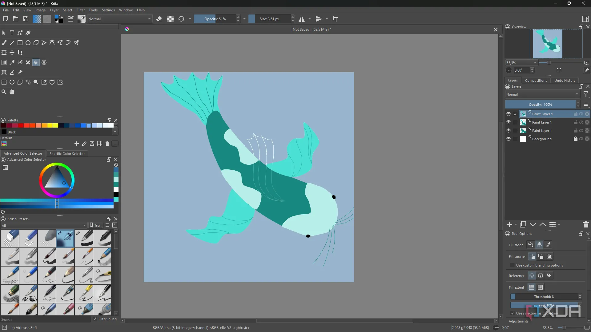 Minh họa con cá được vẽ trong Krita, thể hiện khả năng shading và texture
