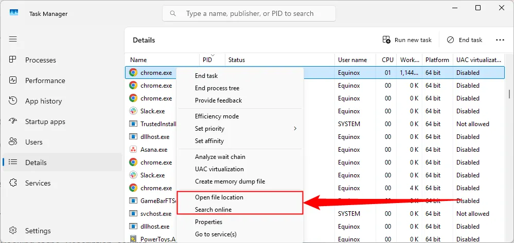 Mở file location hoặc tìm thông tin tiến trình từ Task Manager