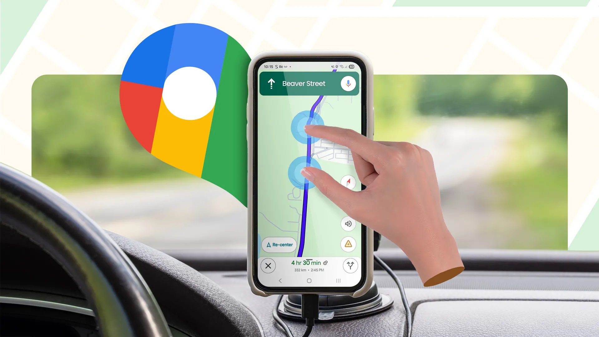 Ngón tay thao tác trên Google Maps trong ô tô — hữu ích để điều hướng đến sự kiện game hoặc meetup