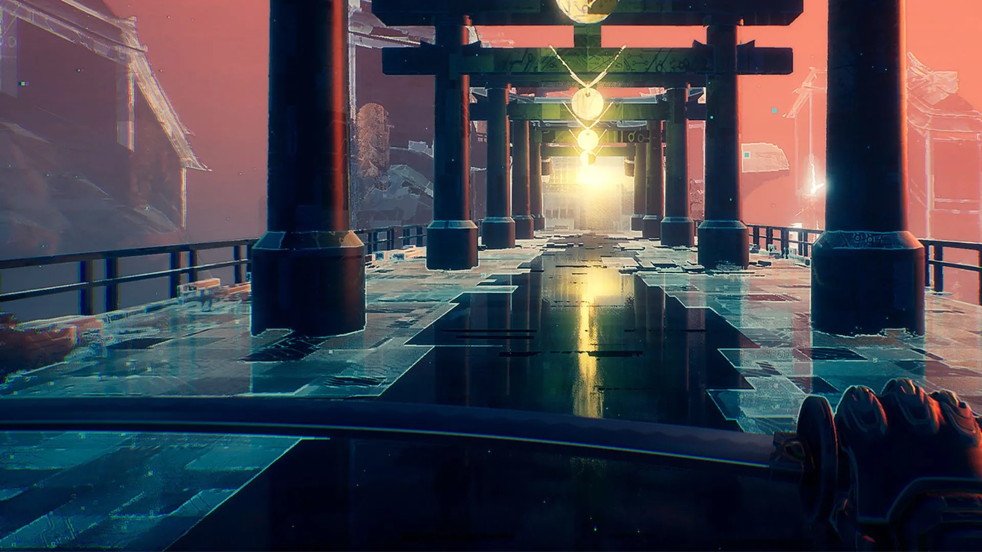 Nhân vật cầm kiếm nhìn xa trong Ghostrunner, parkour và timing quyết định sống còn