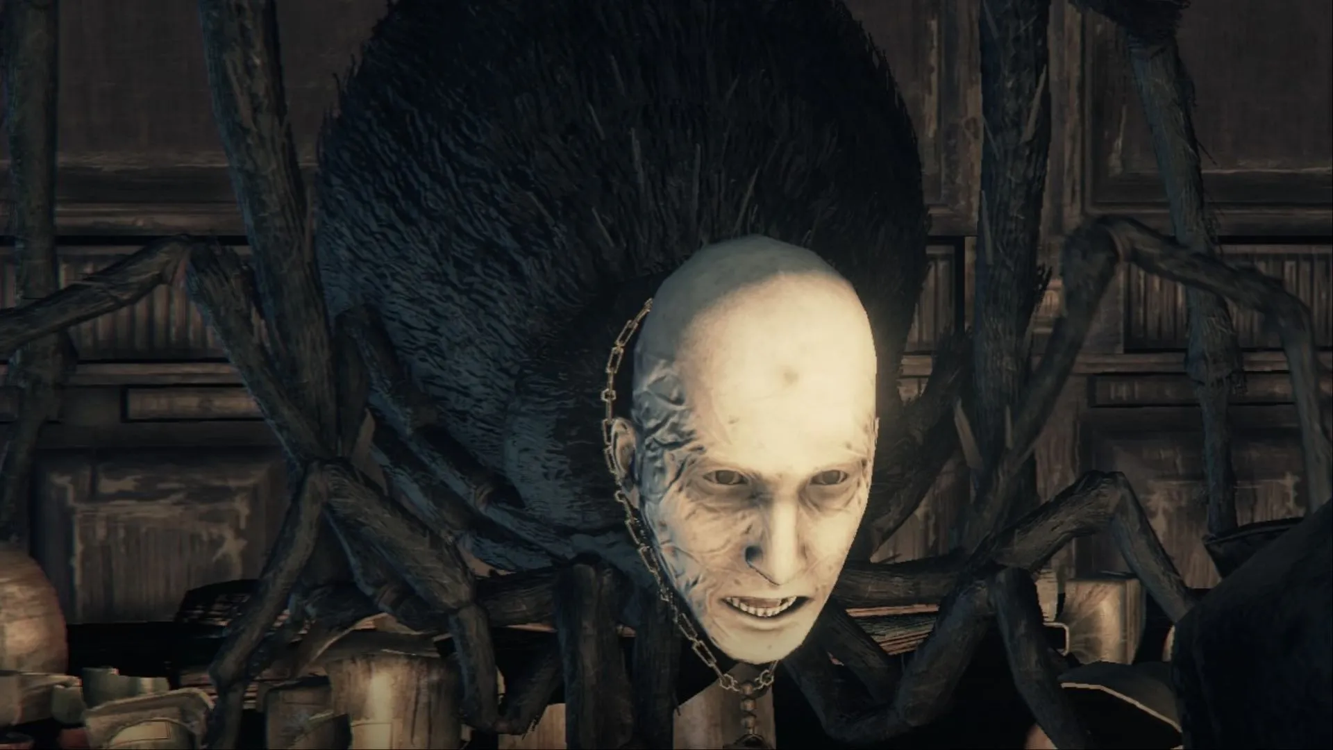 Patches the Spider trong Bloodborne, khuôn mặt và tư thế rùng rợn khiến người chơi dễ phản ứng bộc phát