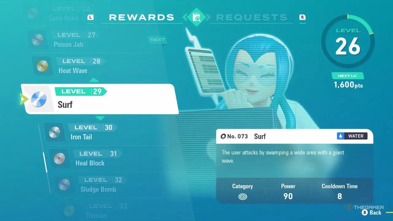 Phần thưởng nghiên cứu level 29 trong Pokemon Legends: Z-A - Surf