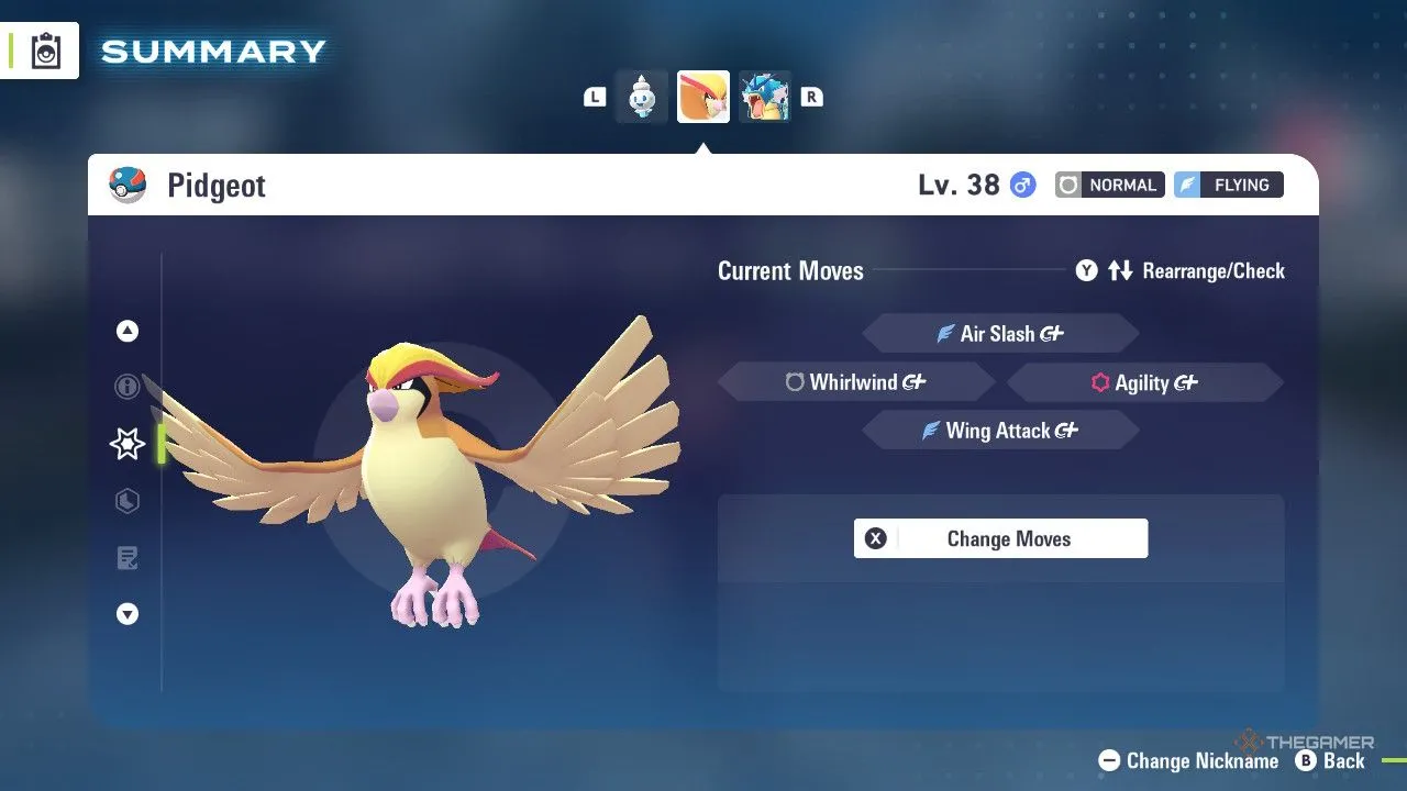 Pidgeot trong menu Pokémon Legends: Z-A, minh họa đa dụng trong bộ chiêu Hurricane và Air Slash