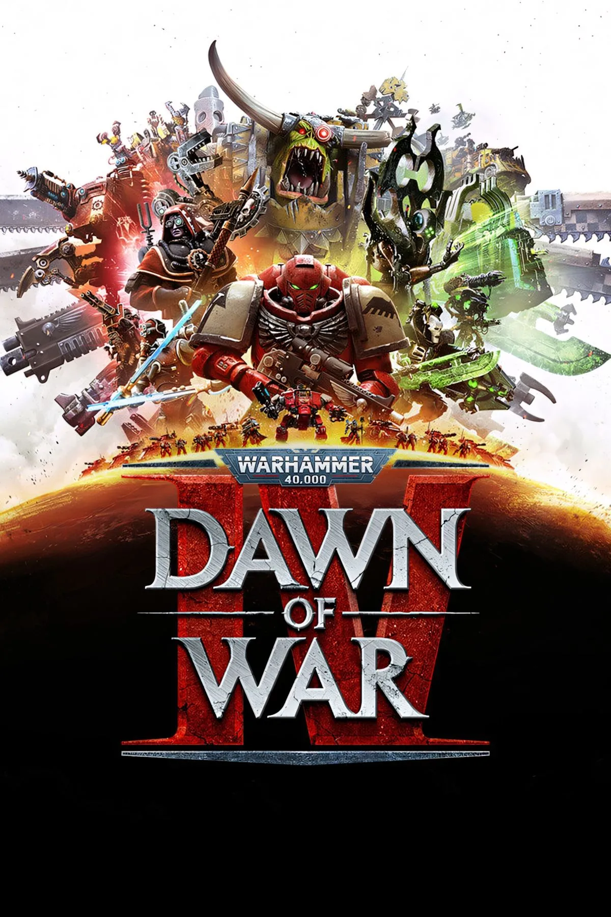 Poster Dawn of War IV thể hiện chiến trường Warhammer tàn khốc, nhấn mạnh vào chiến thuật và các phe phái