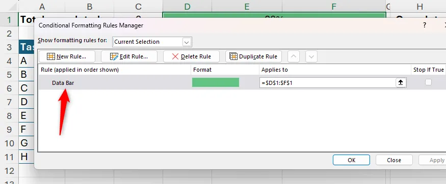 Quy tắc Data Bar được quản lý trong Conditional Formatting Rules Manager để điều chỉnh min/max cho thanh tiến độ.