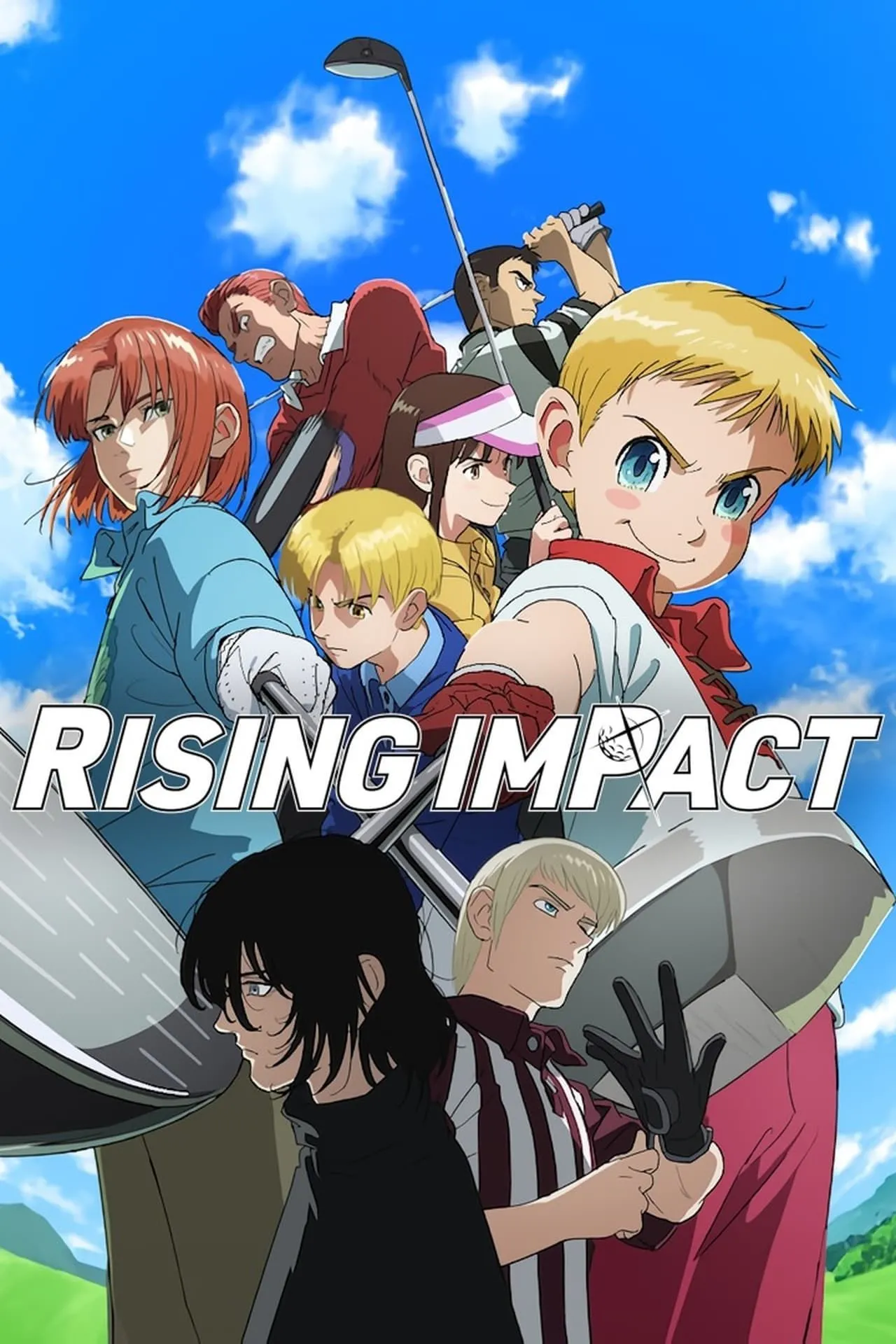 Rising Impact — poster anime golf với phong cách giải trí, tập trung vào kỹ thuật và giải đấu