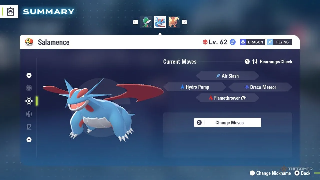 Salamence trong menu Pokémon Legends: Z-A, thể hiện sức mạnh tổng hợp và movepool đa dạng như Air Slash