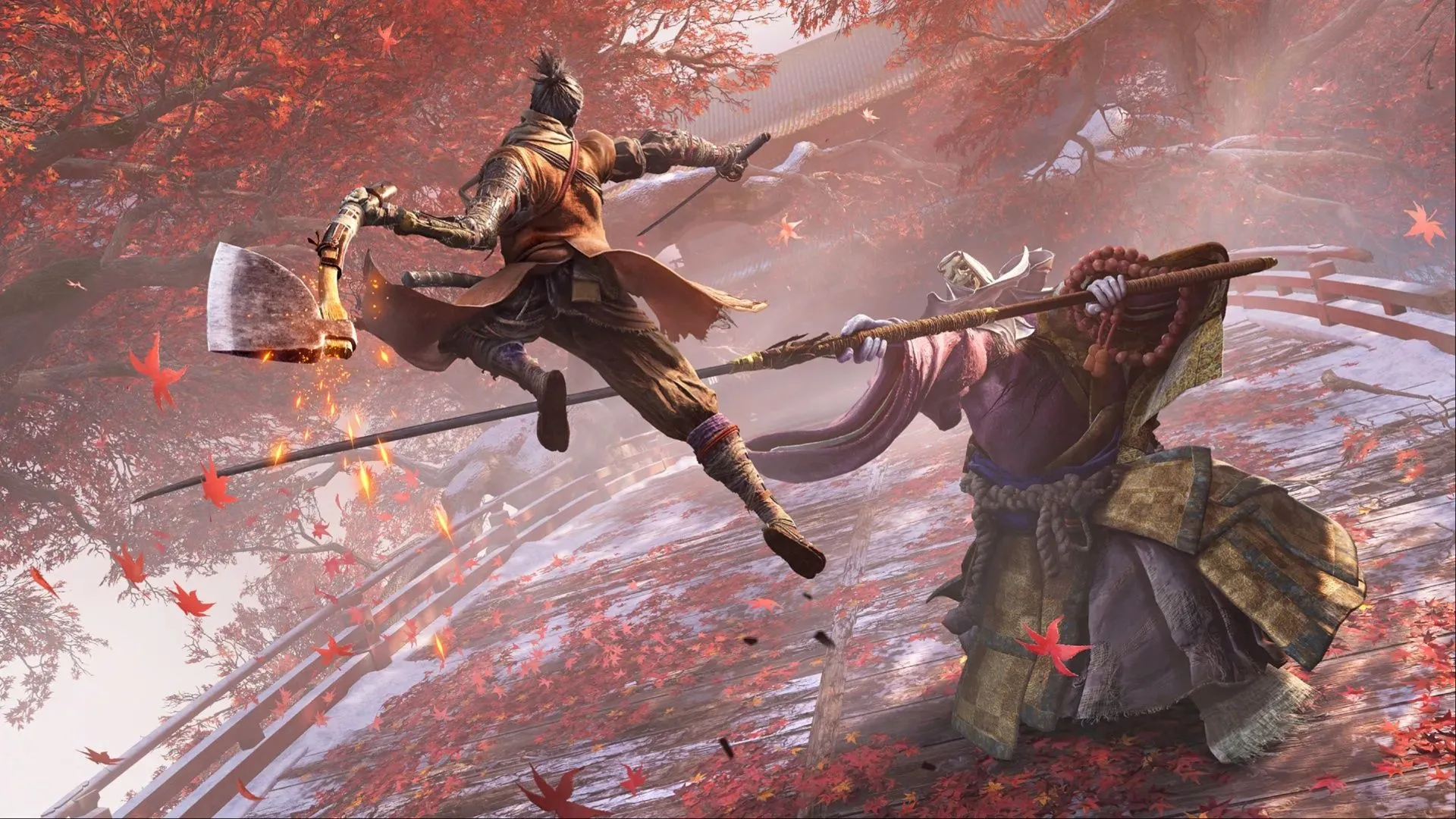 Sekiro sử dụng Loaded Axe tấn công True Corrupted Monk, combat đòi hỏi parry đúng nhịp
