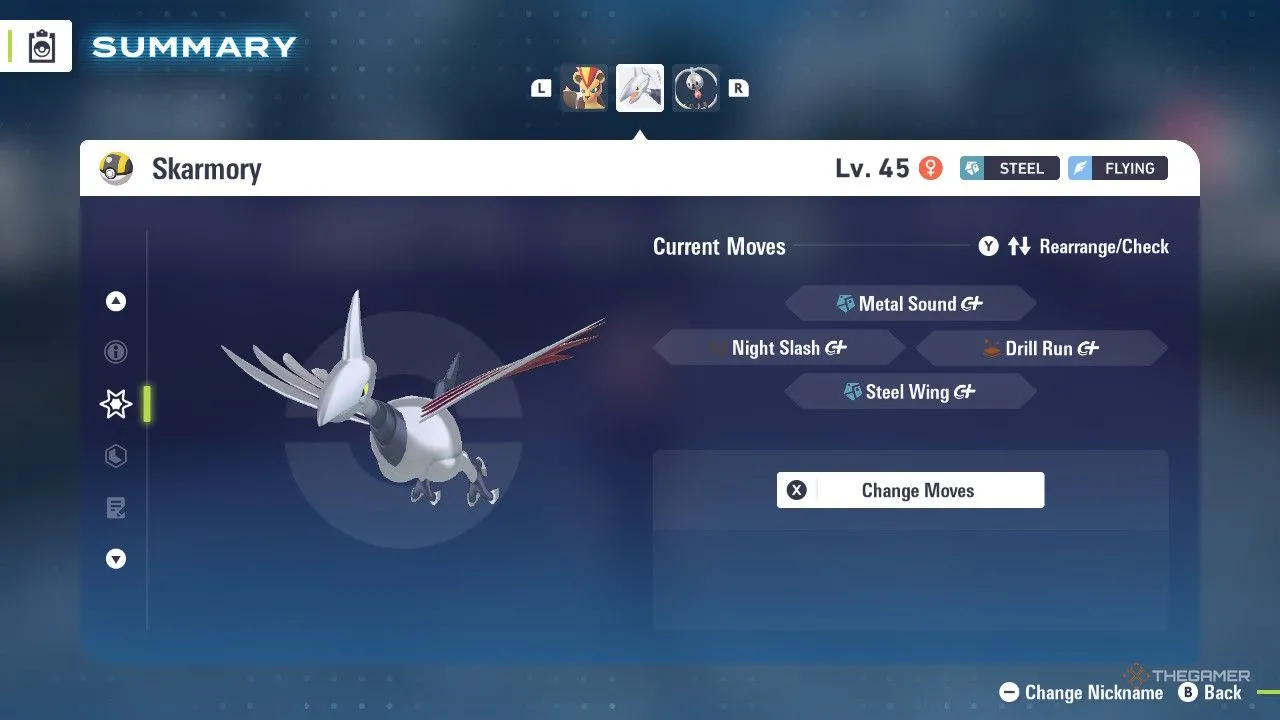 Skarmory trong menu Pokémon Legends: Z-A, minh họa bộ giáp sắt và vai trò phòng thủ