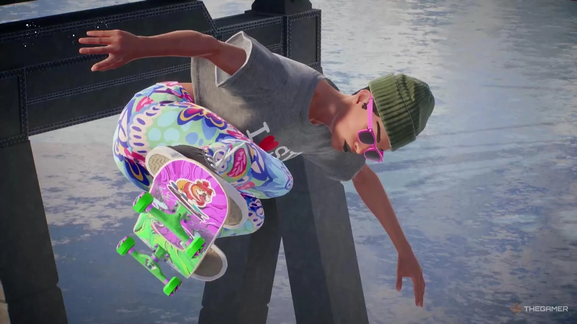 Skater mặc quần nhiều màu và kính râm hồng nhào lộn trên mặt nước trong Skate, minh họa hiệu ứng thời trang của sự kiện Skate-o-Ween