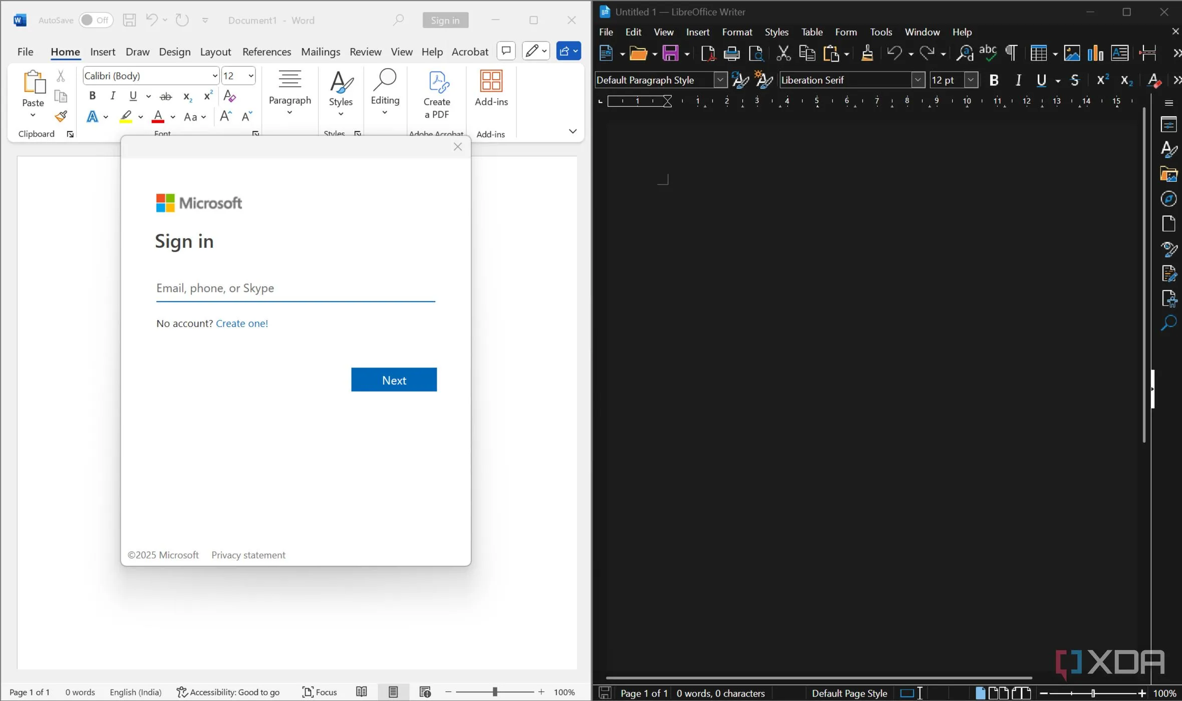 So sánh thông báo đăng nhập Microsoft vs lưu file offline LibreOffice