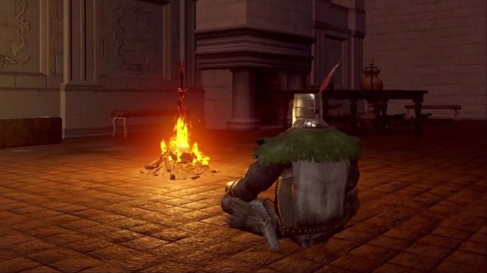 Solaire ngồi cạnh bonfire, ánh nắng và biểu tượng 'Praise the Sun' gợi lòng trắc ẩn của người chơi
