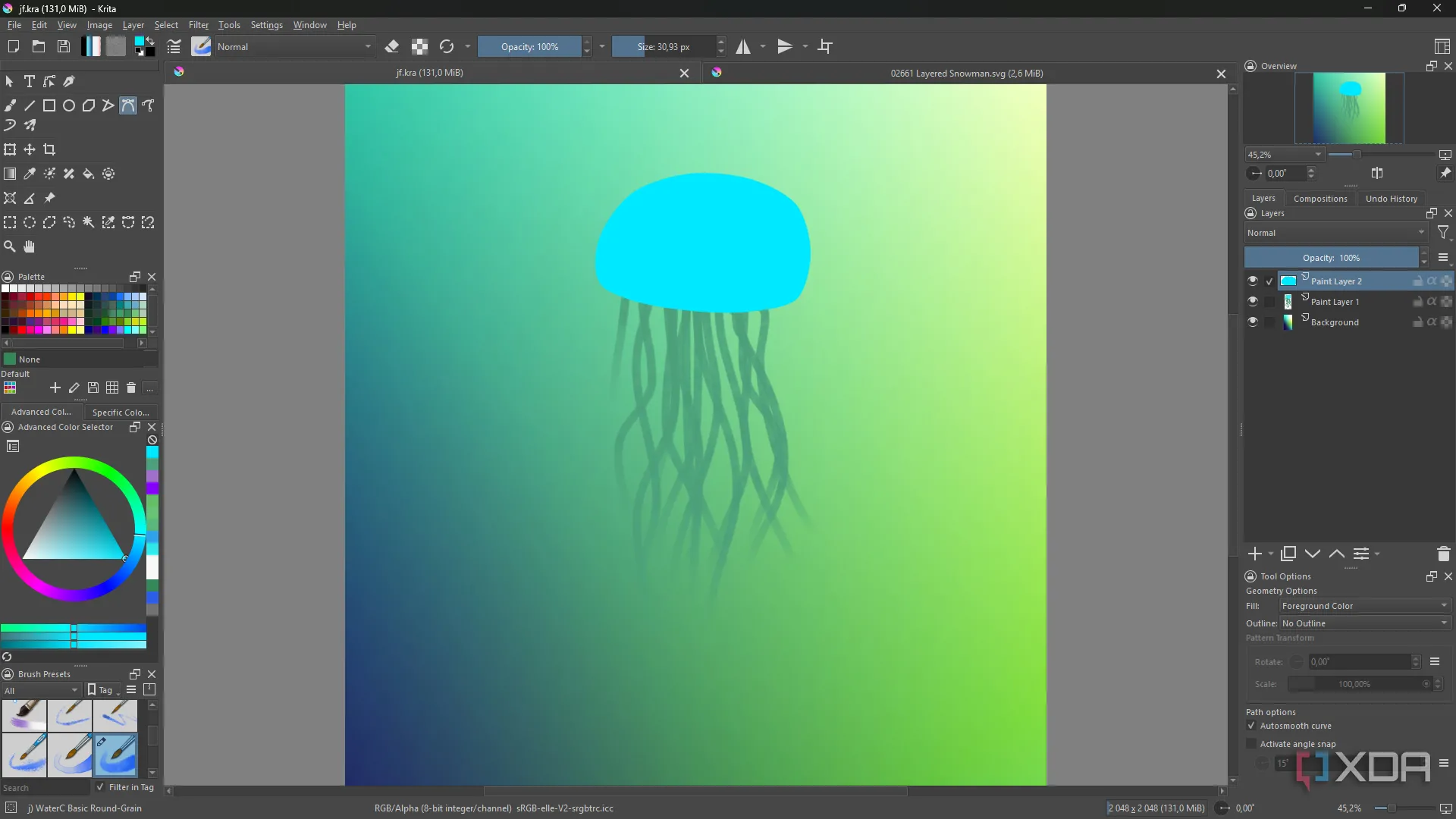 Sự mềm mại của layer và mask trong Krita với hình sứa minh họa màu sắc và ánh sáng