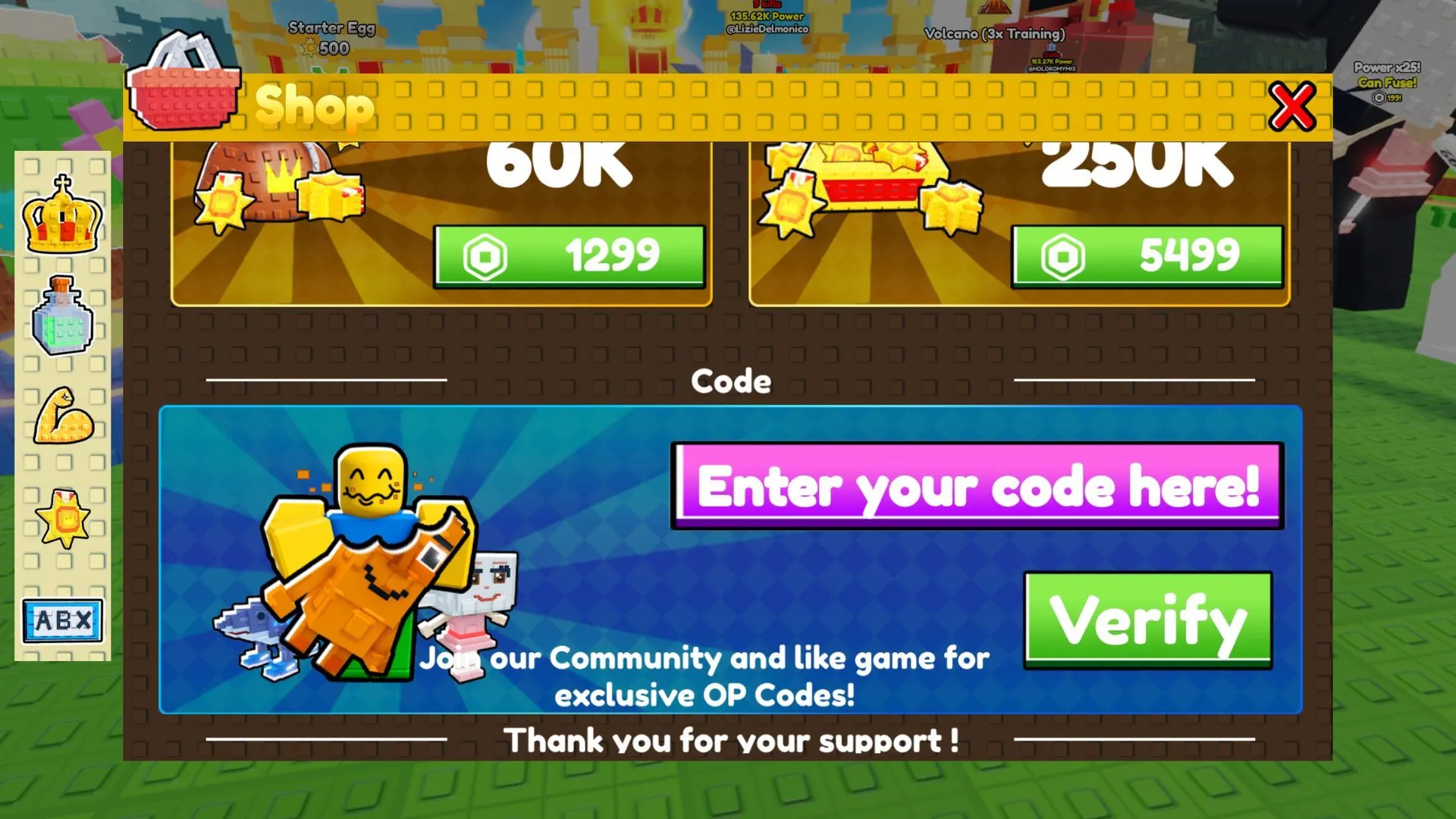 Tab nhập mã trong Eat Brainrot for Fight trên Roblox