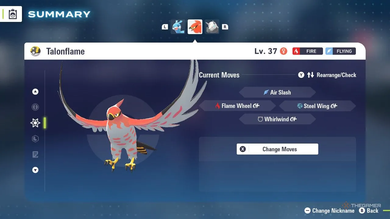 Talonflame trong menu Pokémon Legends: Z-A, minh họa vai trò tấn công nhanh và mạnh