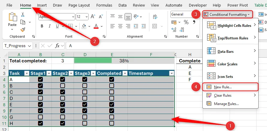 Tạo New Rule trong Conditional Formatting để áp dụng định dạng khi checkbox được tick.