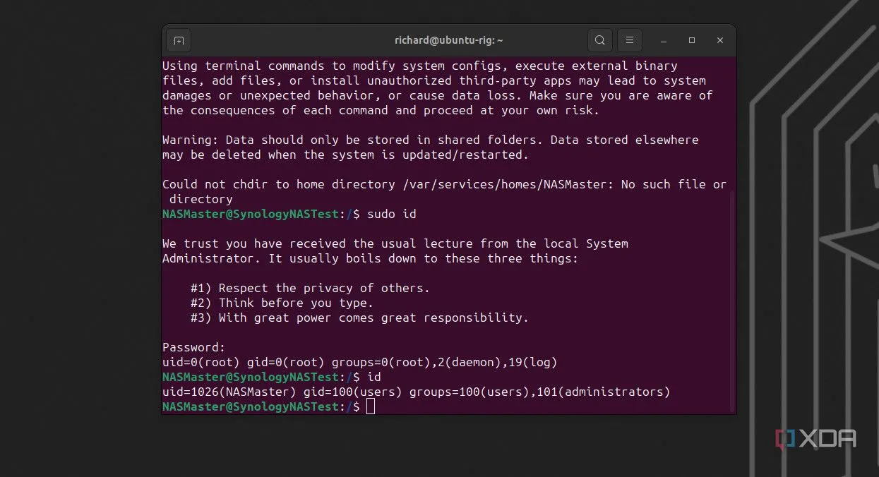 Terminal SSH trên Synology NAS thể hiện kết nối từ script Python