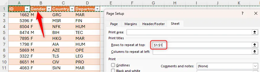 Thiết lập Rows To Repeat At Top trong Page Setup để lặp tiêu đề khi in, hữu ích cho in danh sách playtest và bảng item.