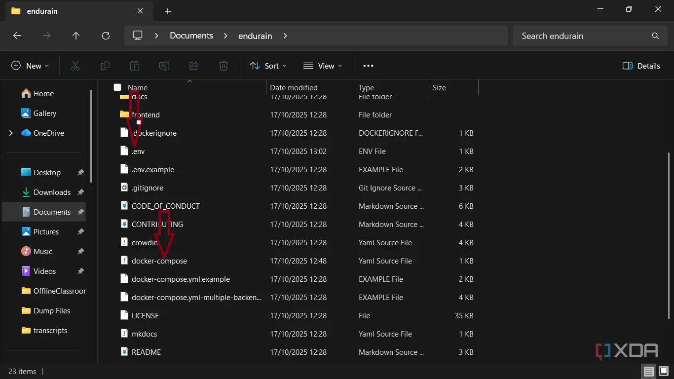 Thư mục dự án Endurain với file .env và docker-compose.yml đã được đổi tên - sẵn sàng chạy trên VPS