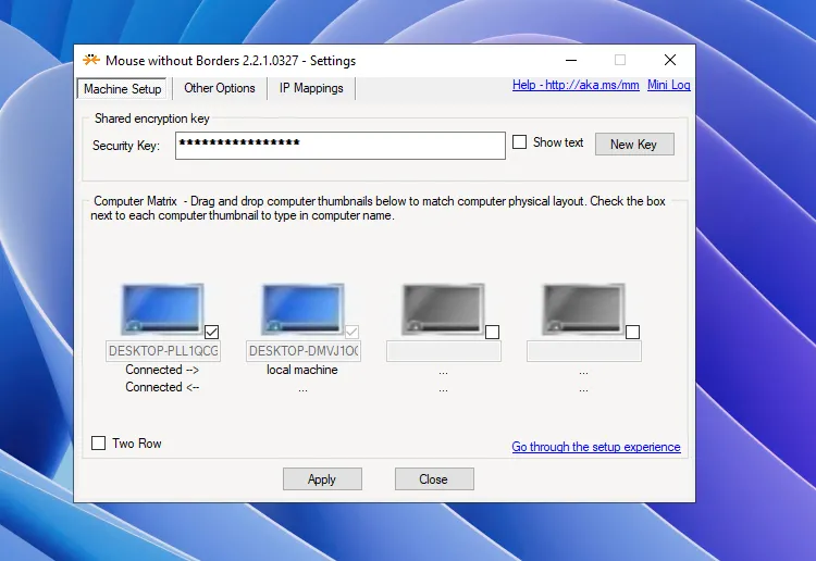 Trang cài đặt chính của Mouse Without Borders, nơi điều chỉnh bố cục và tùy chọn chia sẻ