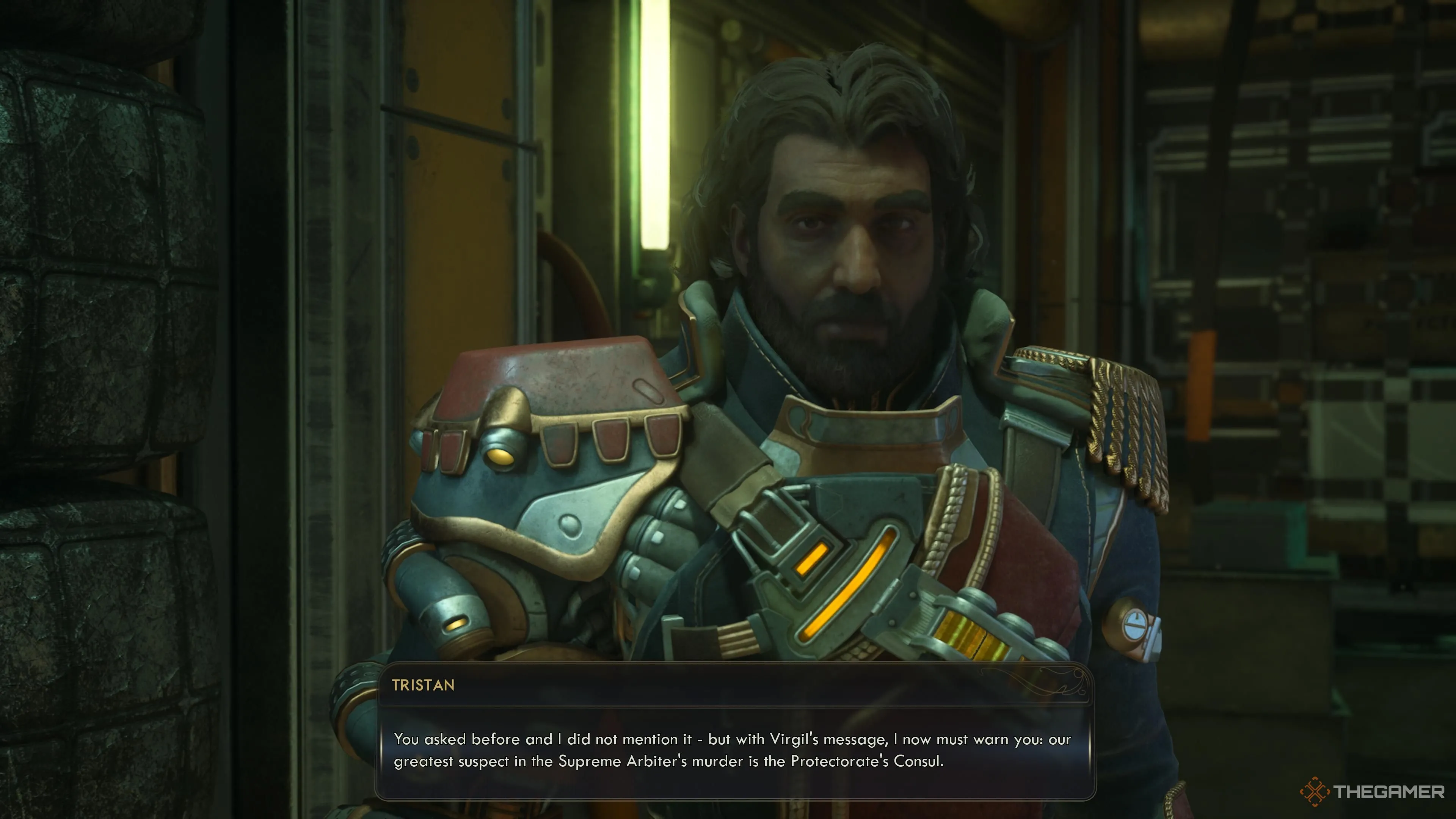 Tristan trao đổi với Virgil về Supreme Arbiter trên khoang tàu The Outer Worlds 2