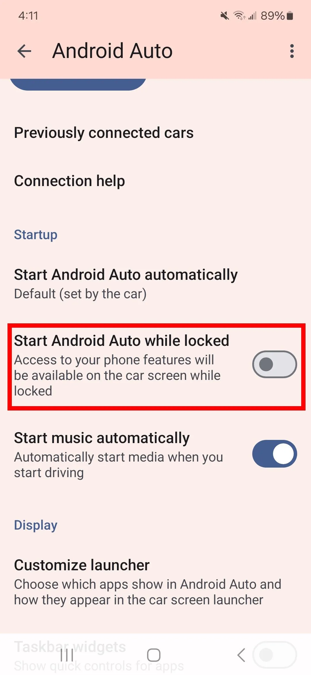 Tùy chọn bật Android Auto khi điện thoại bị khoá trong ứng dụng