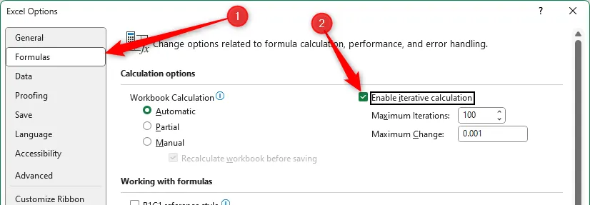 Tùy chọn Enable Iterative Calculations được bật trong Excel Options để cho phép công thức chứa circular reference hoạt động.