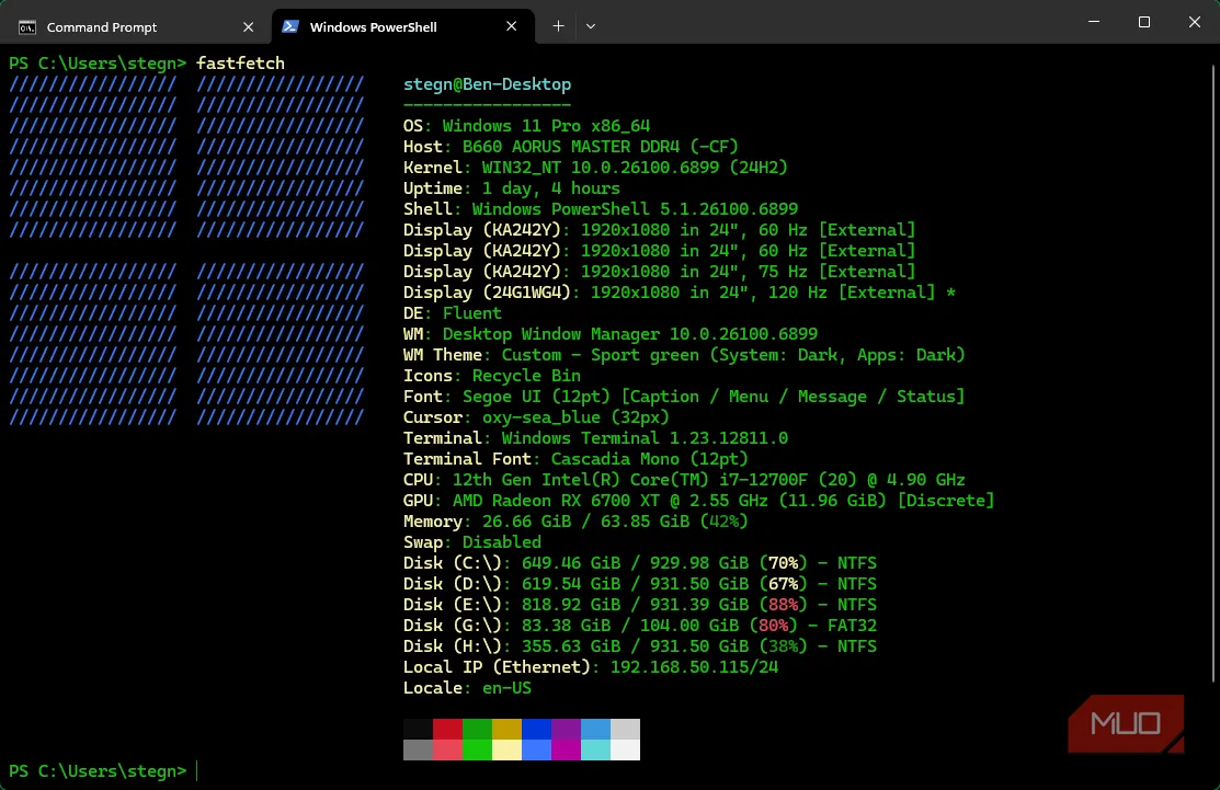 Ví dụ fastfetch hiển thị thông tin phần cứng nhanh, hữu ích khi stream hoặc chia sẻ cấu hình chơi game
