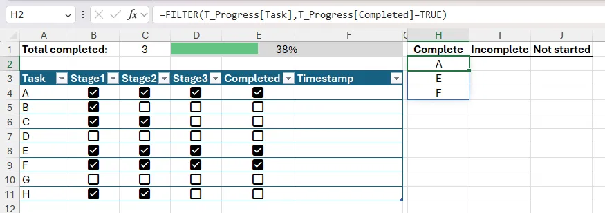 Ví dụ FILTER dùng để liệt kê các mục có checkbox được đánh dấu trong cột Completed.