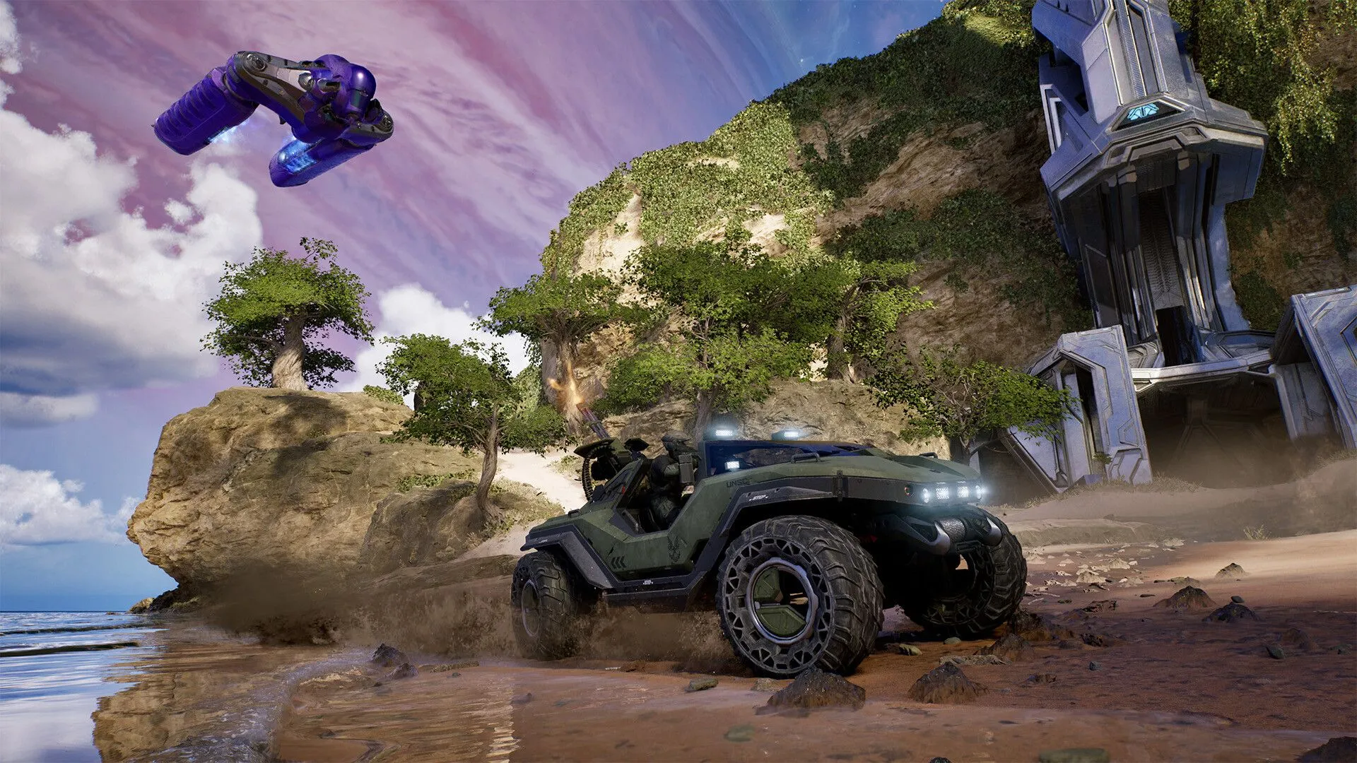 Warthog trong gameplay remade của Halo: Campaign Evolved, cảnh Silent Cartographer cùng lái xe xuyên bản đồ